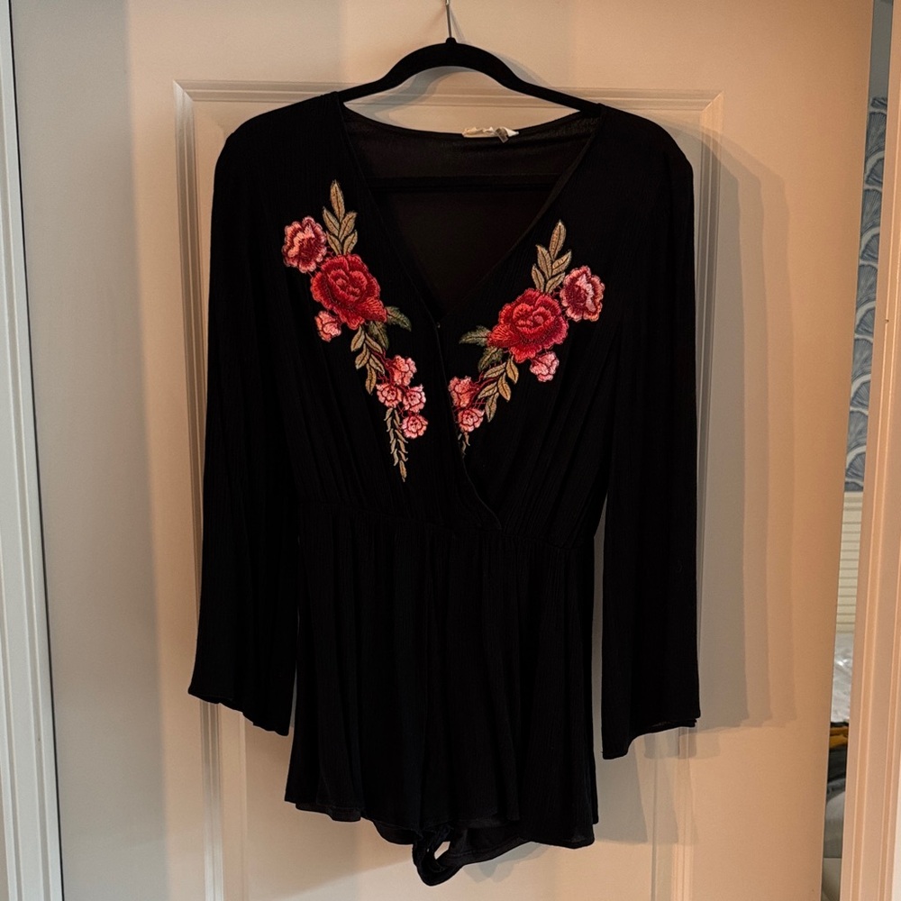 Entro Black Romper with Red Floral Embroidery